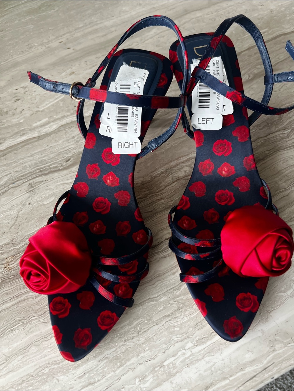 Delta Navy Slingback Heels with Red Rose Print and Red Rosette